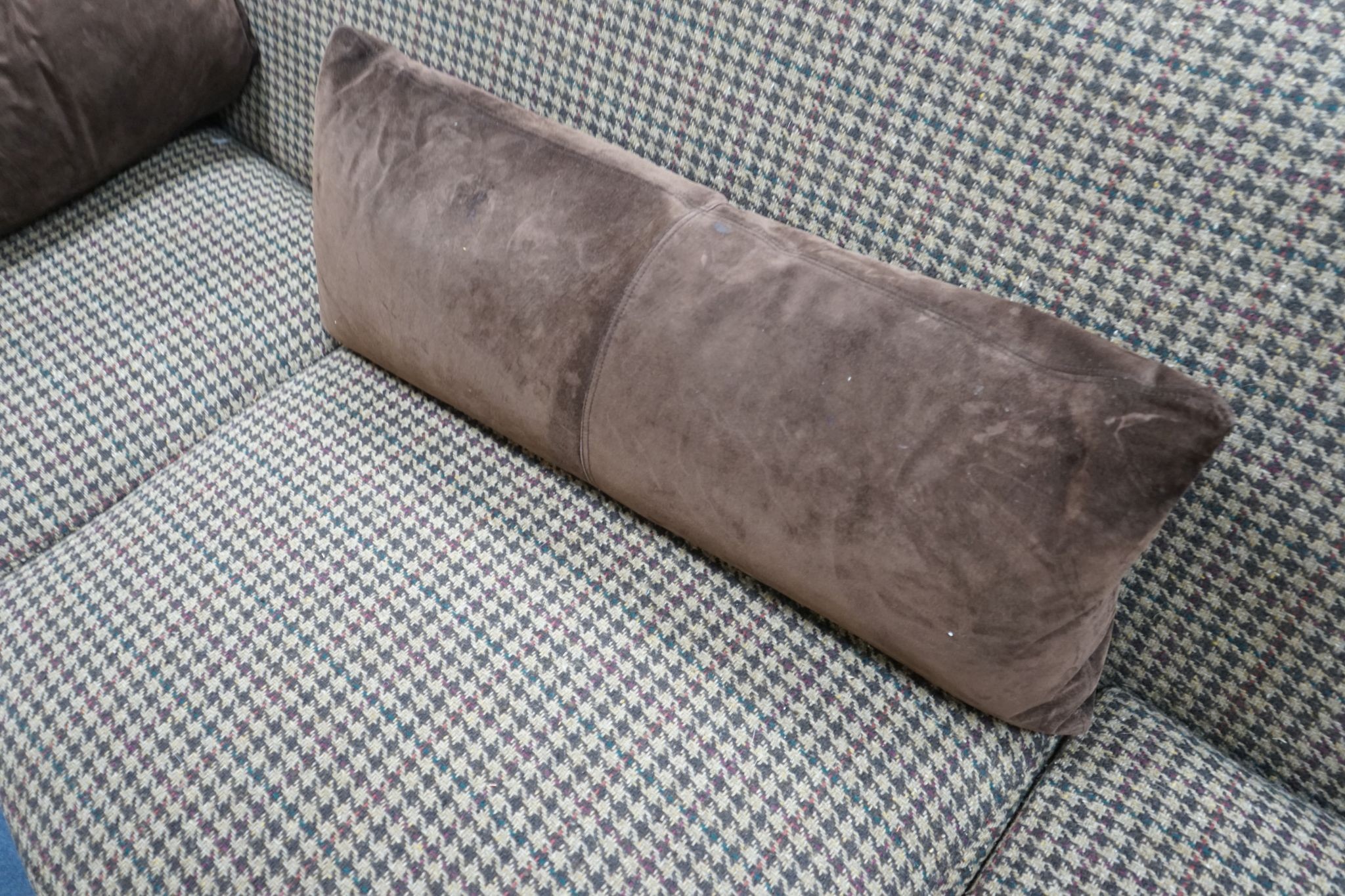 A large Louis XV style scroll arm sofa upholstered in a tweed type fabric, length 240cm, depth 96cm, height 82cm